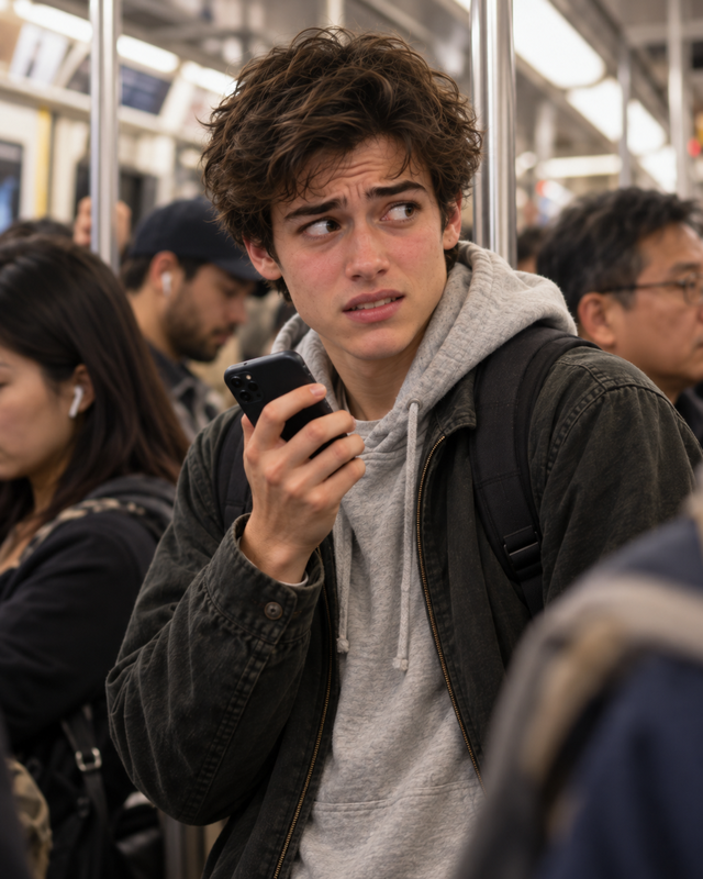 A young man on a crowded train holds his phone up and glances around, about to speak.