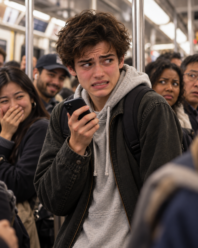 He looks embarrassed as nearby passengers stare, and one woman laughs behind her hand.