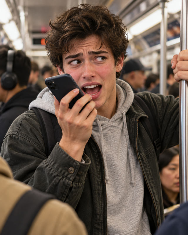 The same young man yells into his phone while standing on the crowded train.