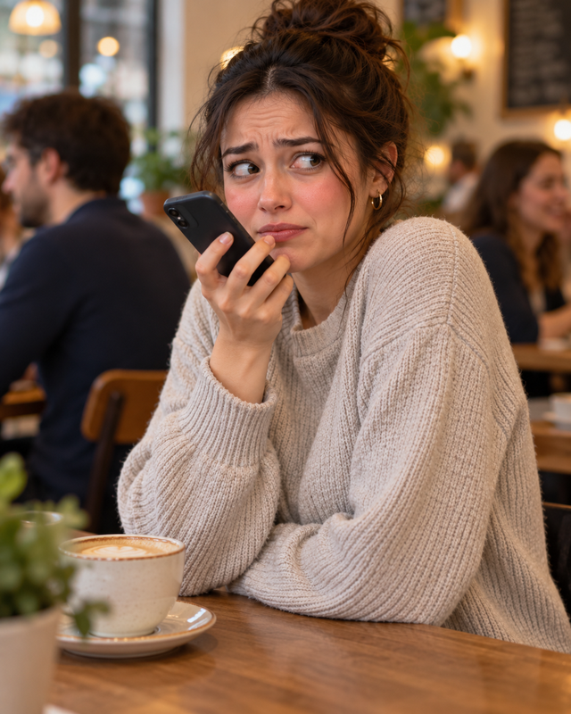 A young woman in a coffee shop looks around nervously while holding her phone, about to speak.