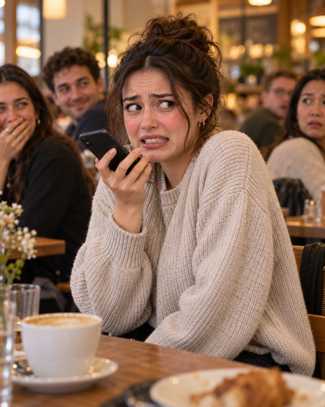 She looks embarrassed as nearby customers stare, and one woman laughs behind her hand.