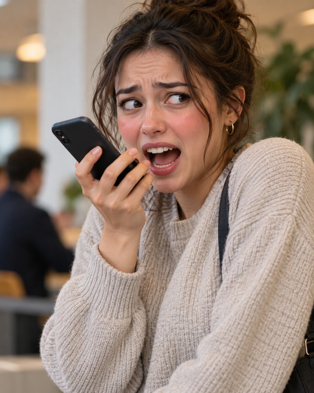 The same woman yells into her phone while sitting at a cafe table.